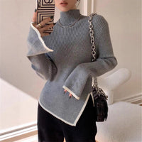 Damen Pullover mit Rollkragen langen Ärmeln Kontrastpaspel und Seitenschlitz – Grau