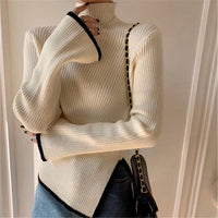 Damen Pullover mit Rollkragen langen Ärmeln Kontrastpaspel und Seitenschlitz – Weiß