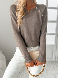 Damen Pullover mit Rundausschnitt Schulterknöpfen Langen Ärmeln und Rippstrickstruktur – Taupe