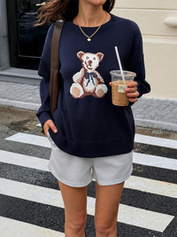 Damen Pullover mit Rundhalsausschnitt langen Ärmeln und Bärchen Intarsiamotiv – Marine