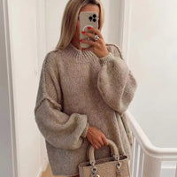 Damen Pullover mit Rundhalsausschnitt und Ballonärmeln – Beige