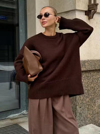 Damen Pullover mit Rundhalsausschnitt und elastischen Bündchen – Braun