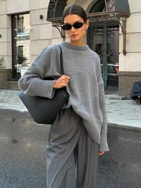 Damen Pullover mit Rundhalsausschnitt und elastischen Bündchen – Grau