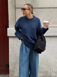Damen Pullover mit Rundhalsausschnitt und elastischen Bündchen – Marine