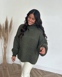 Damen Pullover mit Stehkragen Ballonärmeln und strukturierten Bündchen – Grün