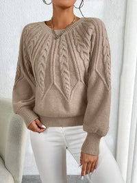Damen Pullover mit Zopfmuster und Rundhalsausschnitt – Khaki
