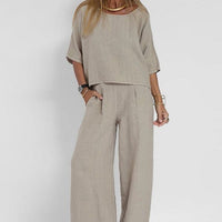 Marie | Damen Relaxed-Fit Leinen-Bluse Hose Set elegant bequem – Hellgrau