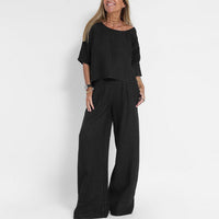 Marie | Damen Relaxed-Fit Leinen-Bluse Hose Set elegant bequem – Schwarz