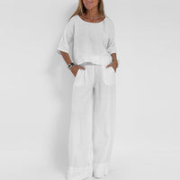 Marie | Damen Relaxed-Fit Leinen-Bluse Hose Set elegant bequem – Weiß