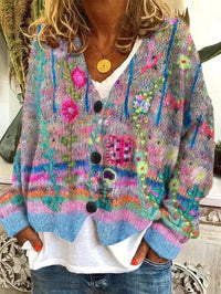 Marie | Damen Retro Blumen-Cardigan mit Knopfleiste in Buntem Strickdesign – Grau