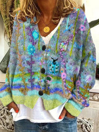 Marie | Damen Retro Blumen-Cardigan mit Knopfleiste in Buntem Strickdesign – Blau