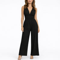 Katharina | Damen Ärmelloser Weitbein-Jumpsuit Tiefem V-Ausschnitt – Schwarz