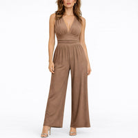 Katharina | Damen Ärmelloser Weitbein-Jumpsuit Tiefem V-Ausschnitt – Beige