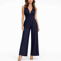 Katharina | Damen Ärmelloser Weitbein-Jumpsuit Tiefem V-Ausschnitt – Marine