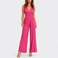 Katharina | Damen Ärmelloser Weitbein-Jumpsuit Tiefem V-Ausschnitt – Rosa