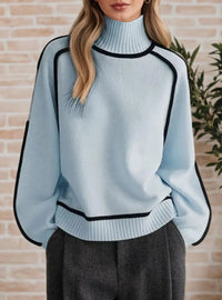 Sophie | Damen Rollkragen Oversized Strick Sweater mit Kontraststreifen – Blau
