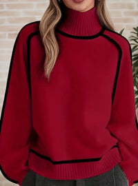Sophie | Damen Rollkragen Oversized Strick Sweater mit Kontraststreifen – Rot
