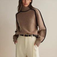 Sophie | Damen Rollkragen Oversized Strick Sweater mit Kontraststreifen – Braun