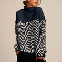 Greta | Damen Rollkragen Pullover Oversized Strickpullover Fischgrätmuster – Marine