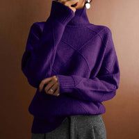 Greta | Damen Rollkragenpullover mit Rautenmuster Lässiger Strickpullover – Dunkellila