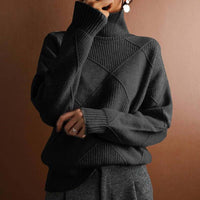 Greta | Damen Rollkragenpullover mit Rautenmuster Lässiger Strickpullover – Schwarz
