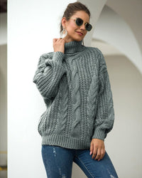 Damen Rollkragenpullover mit Zopfmuster langen Ärmeln und strukturierter Oberfläche – Grau