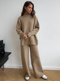 Damen Rollkragenpullover und Weite Hose Set mit Langen Ärmeln – Beige