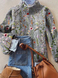 Sophie | Damen Rollkragenpullover Vintage Blumen Strickpullover – Mehrfarbig