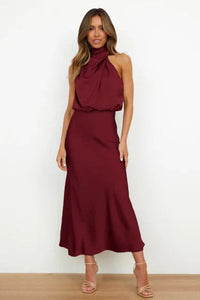 Marie | Damen Satin Cocktailkleid Elegant Schulterfrei Midi Abendkleid – Rot