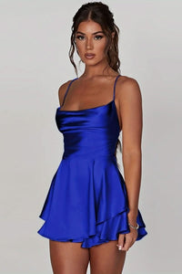 Amelie | Damen Satinoptik Rückenfreies Cocktailkleid Geraffter Taille Minirock – Königsblau