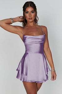 Amelie | Damen Satinoptik Rückenfreies Cocktailkleid Geraffter Taille Minirock – Lavendel