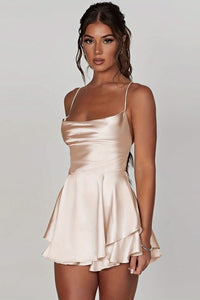 Amelie | Damen Satinoptik Rückenfreies Cocktailkleid Geraffter Taille Minirock – Milky