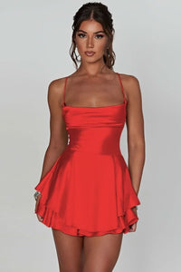 Amelie | Damen Satinoptik Rückenfreies Cocktailkleid Geraffter Taille Minirock – Rot