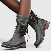 Elfriede | Damen Schnürstiefel Vintage Leder-Optik Ankle Boots Nietendetail – Grau