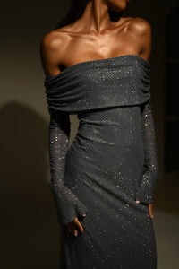 Damen Schulterfreies Glitzer-Maxikleid mit langen Ärmeln – Grau