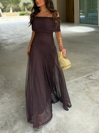 Damen Schulterfreies Maxikleid mit gerafftem Oberteil und halbtransparentem Rockteil – Braun