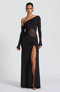Damen Schulterfreies Maxikleid mit langen Ärmeln und seitlichem Schlitz mit durchsichtigem Einsatz – Schwarz