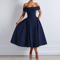 Damen Schulterfreies Midikleid mit gefaltetem Halsausschnitt und ausgestelltem Rock – Marine