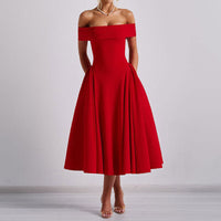Damen Schulterfreies Midikleid mit gefaltetem Halsausschnitt und ausgestelltem Rock – Rot