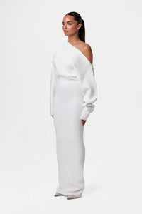 Damen Schulterfreies Strickkleid mit Asymmetrischem Ausschnitt Langen Ärmeln und Maxilänge – Weiß
