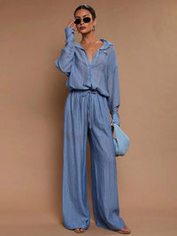Damen Set für Frauen mit Hemdblusenkragen Knopfleiste und weitem Hosenbein – Blau