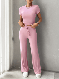 Damen Set für Frauen mit kurzen Ärmeln weitem Hosenbein und Kordelzug – Rosa