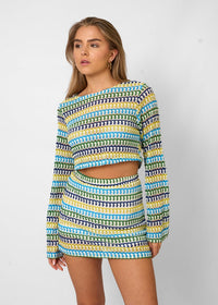 Damen Set für Frauen mit Mehrfarbigem Muster Crop-Top langen Ärmeln und Mini-Rock – Blau