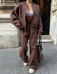 Damen Set Jogginganzug mit Reißverschluss Oberteil und Elastischer Hose und Kordelzug – Braun