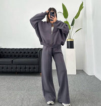 Damen Set Jogginganzug mit Reißverschluss Oberteil und Elastischer Hose und Kordelzug – Grau