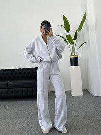 Damen Set Jogginganzug mit Reißverschluss Oberteil und Elastischer Hose und Kordelzug – Hellgrau
