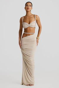 Damen Set mit Bustier-Oberteil und Maxirock mit geflochtenen Trägern und seitlicher Raffung – Aprikose