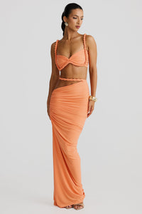 Damen Set mit Bustier-Oberteil und Maxirock mit geflochtenen Trägern und seitlicher Raffung – Orange