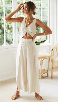 Damen Set mit Crop-Top und Hose mit Seitenschlitzen – Aprikose