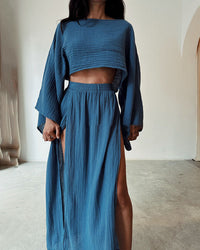 Damen Set mit Crop-Top und Maxirock mit Seitenschlitz – Blau